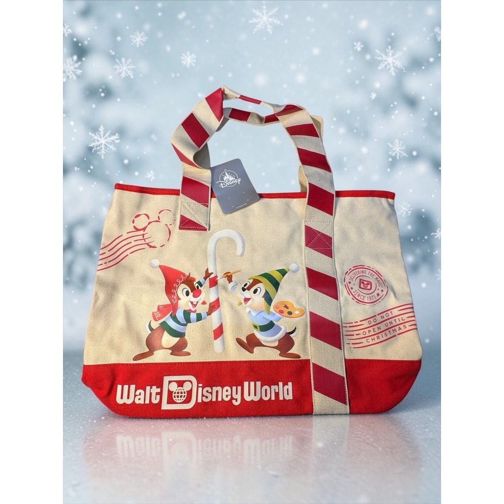 NEW Disney Tote Bag Large Cream Christmas Chip n Dale Canvas Holiday